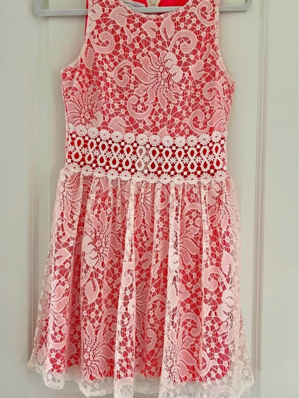 Socialite White Lace Overlay Fit & Flare Mini Dress Pink/OrangLining Size Medium